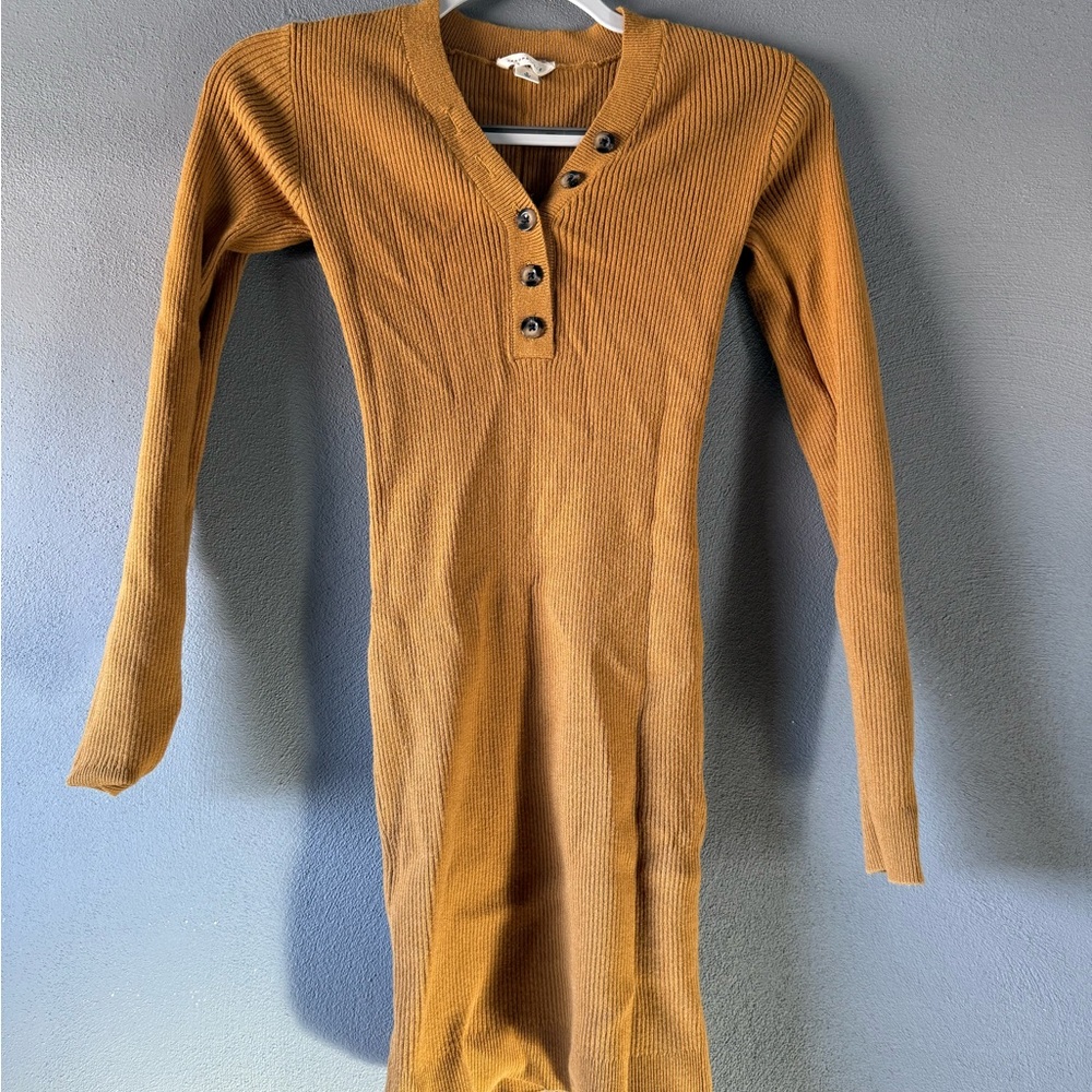 Aeropostale Women's V-Neck Button-Up Sweater Dress - Mustard